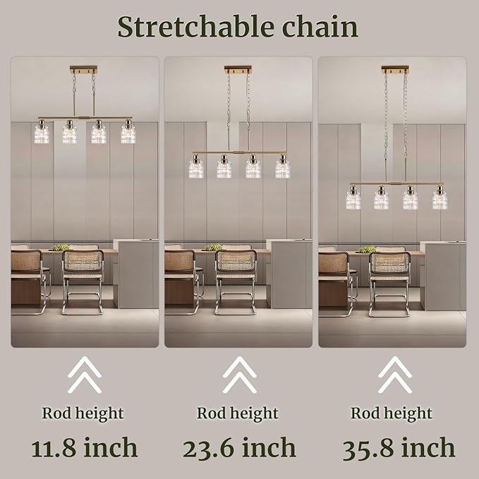 FRIXCHUR Gold Kitchen Island Lighting, 4-Lights Linear Chandelier Pendant Light with Clear Glass Shade, Height Adjustable Industrial Chandelier Pendant Light for Kitchen Island Dining Room