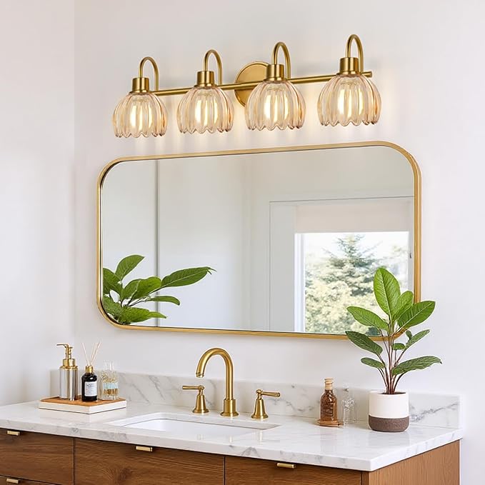 4-Light Bathroom Light Fixtures, 27" Brushed Gold Vanity Lights for Bathroom with Ribbed Amber Tulip Glass Shade, Vintage Bathroom Vanity Lighting Fixtures Over Mirror for Bedroom Living Room Hallway