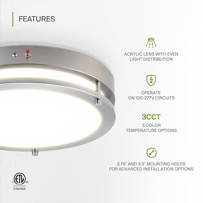 ASD LED 16" Round Flush Mount Lighting, Close to Ceiling Light Fixture | 3CCT, Dimmable, Battery Backup, ETL Listed | 24W 2116LM 3000-5000K 100-277V | Low Profile Double Ring Lamp | Nickel, 4 Pack