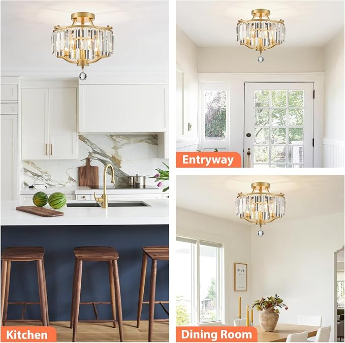 12.2'' Modern Gold Crystal Ceiling Light Fixture Farmhouse 3-Light Semi Flush Mount Drum Chandelier for Dining Room, Bedroom, Kitchen, Hallway, Entryway, Foyer, E12 - MJ055GD