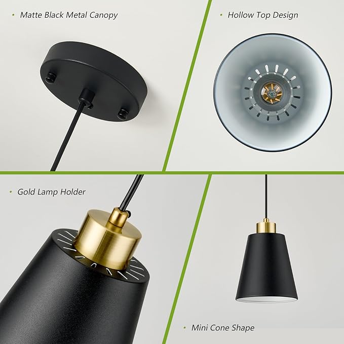 3-Pack Matte Black Pendant Lights Metal Cone Kitchen Island Pendant Lighting with Gold Modern Hollow Shade Hanging Light Fixture for Dining Room Bar Hallway 63" Adjustable Cord