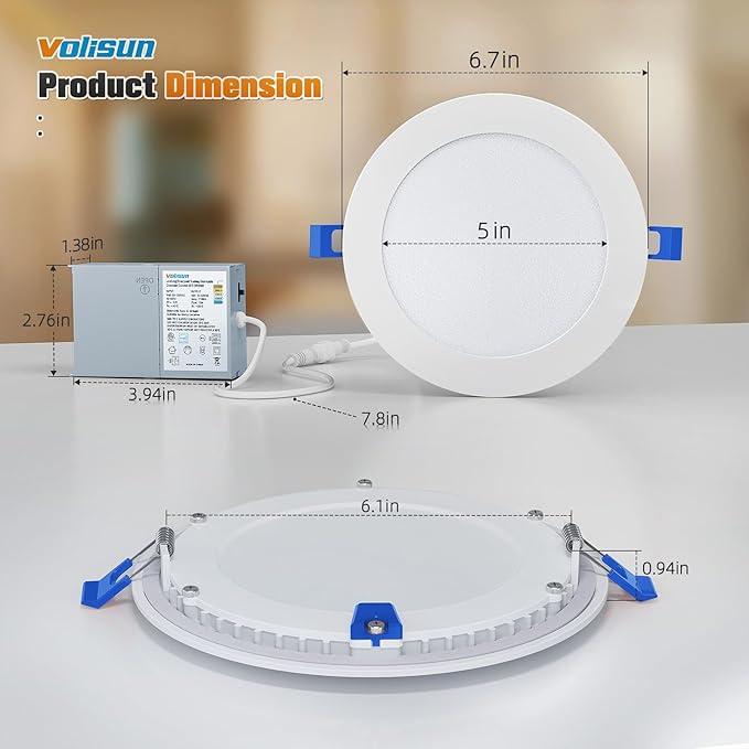 VOLISUN 4 Pack 6 inch Recessed Lighting, 5CCT Ultra-Thin LED Recessed Light with Junction Box, 2700K-5000K Selectable, 1080Lumen Dimmable Canless Wafer Downlight, LED Ceiling Light ETL Certificated
