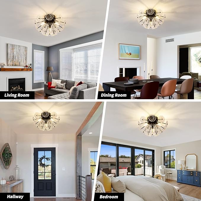 Semi Flush Mount Ceiling Light, Black Metal Flower Ceiling Light Fixtures, 3-Light Farmhouse Close to Ceiling Lamp Fixture for Bedroom Closet Kitchen Living Room Hallway(Dia 13.8")
