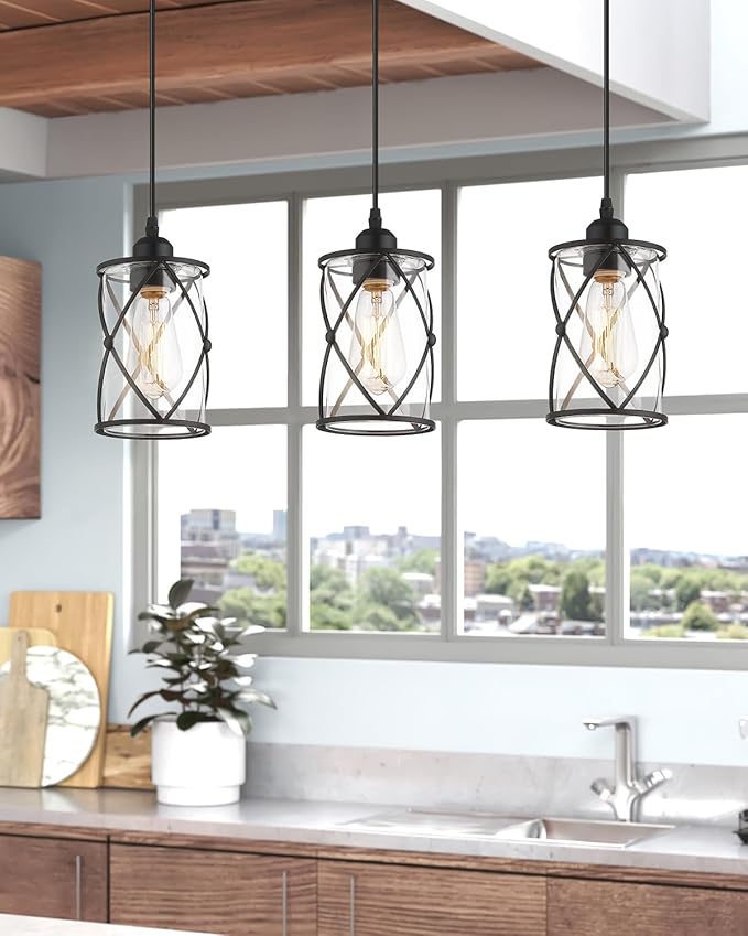 Glass Pendant Lights Kitchen Island 2 Pack, Black Mini Pendant Light with Clear Glass, Farmhouse Industrial Cage Hanging Lighting for Kitchen Sink Dining Room Bathroom, CH9176-1-2PK