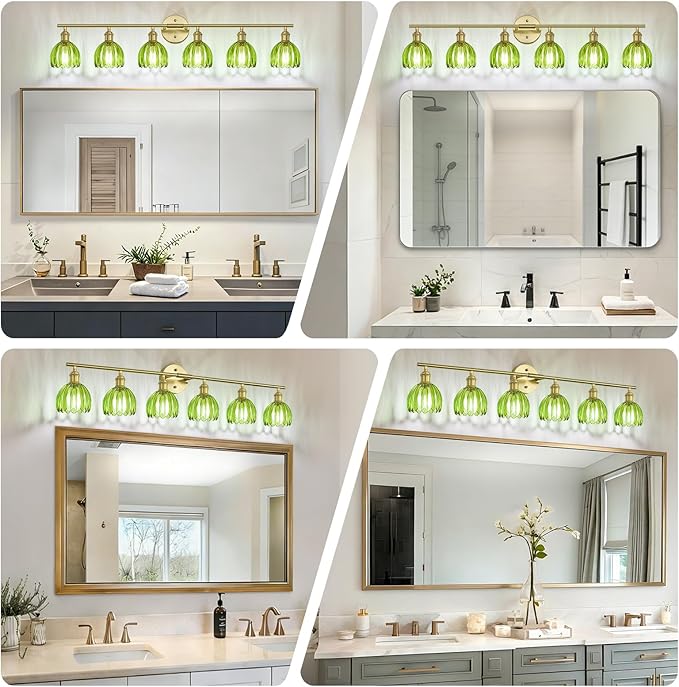 Vintage Bathroom Light Fixtures,6-Light Hardwired Vanity Lights with Green Tulip Glass Shade,Gold Bathroom Vanity Light for Mirror Restroom,E26 Socket,40.55 in(Bulbs Not Included)
