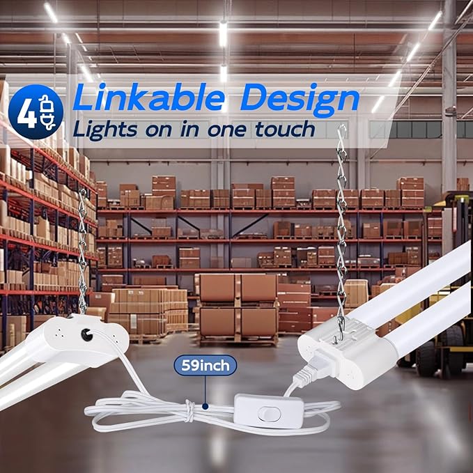 hykolity 4 Pack Linkable LED Shop Light, 4FT 42W [250W Equivalent], 4400lm, 5000K Daylight, with Plug, Utility Light Fixture, Hanging or Surface Mount, White