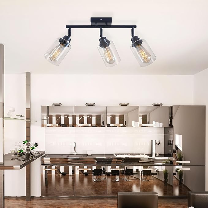 Modern 3-Light Track Lighting Fixtures Ceiling, Light Fixtures Ceiling Mount with Clear Glass Shades, Matte Black Kitchen Ceiling Light Fixtures for Bedroom, Living Room & E26 Base