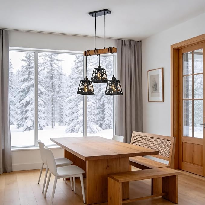 3-Lights Farmhouse Dining Room Pendant Light Fixtures, Rustic Solid Wood Kitchen Island Lighting Hanging with Bear Metal Shades for Restaurant, Kitchen Island, Hallway