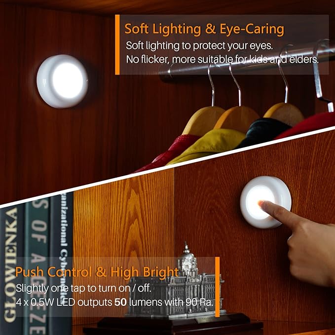 STAR-SPANGLED Push Tap Light, 2.8” Mini Night Touch LED Puck Lamp, Portable Under Cabinet Lighting AAA Battery Operated Powered, DIY Stick On Lights for Closet, Counter, Kitchen, Cool White, 5 Pack