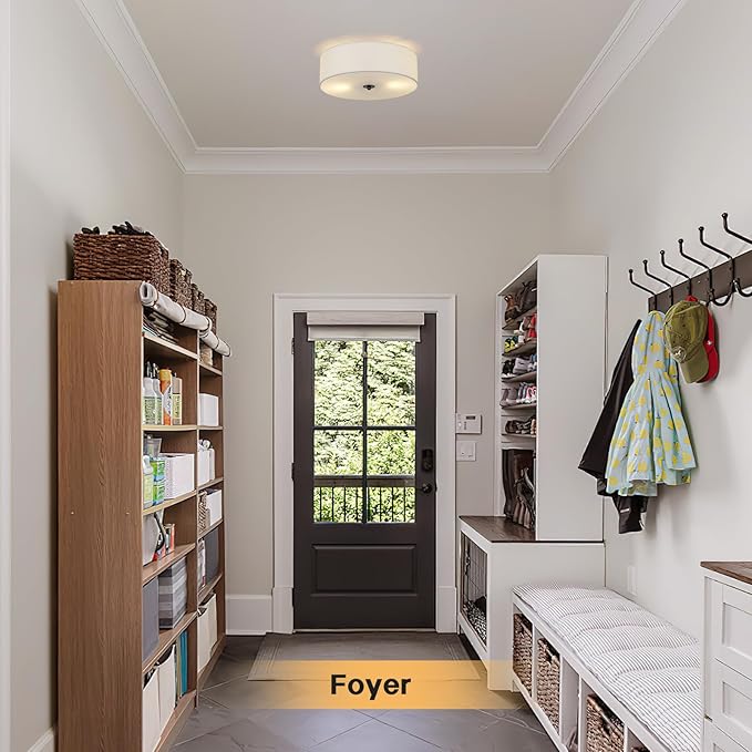 Flush Mount Ceiling Light Fixture, 13" Close to Ceiling Light with White Fabric Linen Drum Shade, 2-Light Modern Round Ceiling Light for Bedroom Hallway Dining Kitchen