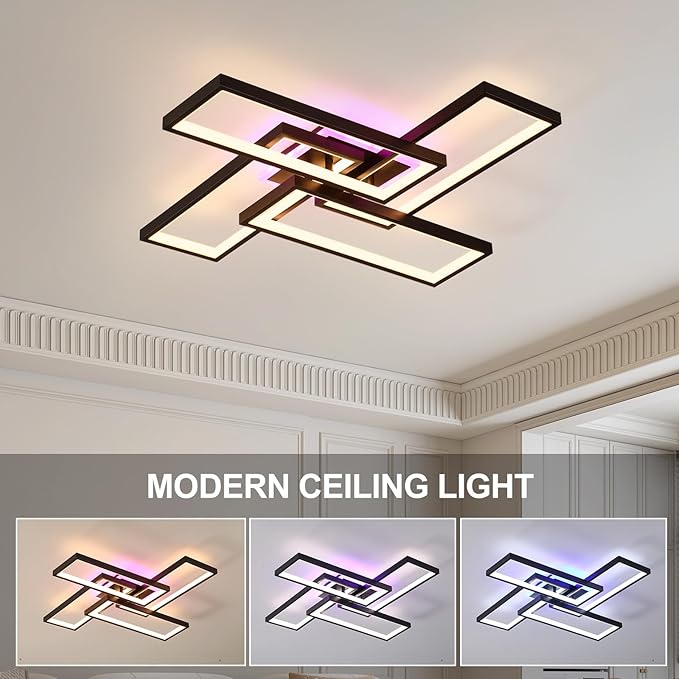 Modern Minimalist LED Flush Mount Ceiling Light Fixture - 50W Dimmable 3000-6000K Black with Remote & APP Control for Bedroom, Living Room, Kitchen, Balcony