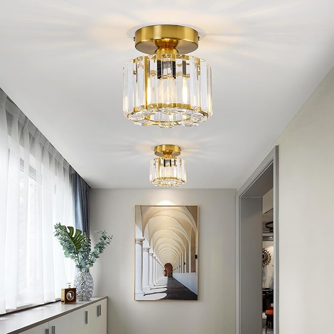 2 Pack Small Crystal Semi Flush Mount Ceiling Light Fixture Modern Gold Mini Round Chandelier Metal E26 Ceiling Lamp for Hallway Bathroom Entryway Kitchen Closet