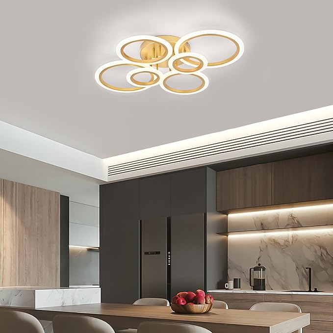 Vikaey Modern LED Flush Mount Ceiling Light, 6 Rings Gold Close to Ceiling Light Fixtures, Living Room Lighting Fixture Ceiling Lamp for Kitchen, Bedroom, Laundry Room, 4000K Not Dimmable