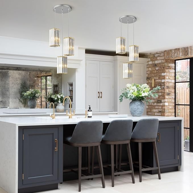 Modern Pendant Light Chrome Rectangle Pendant Lighting Mini Crystal Chandeliers Adjustable Pendant Light Fixture for Kitchen Island Dinning Room Living Room Corridor Bedroom(Chrome 3-Light)
