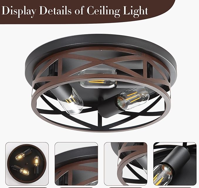 13 Inch Farmhouse Close to Ceiling Light Fixtures, Metal Cage Flush Mount Ceiling Light 3-Lights, Black Industrial Semi Flush Mount Ceiling Light for House Hallway Kitchen Bedroom, 2 Pack
