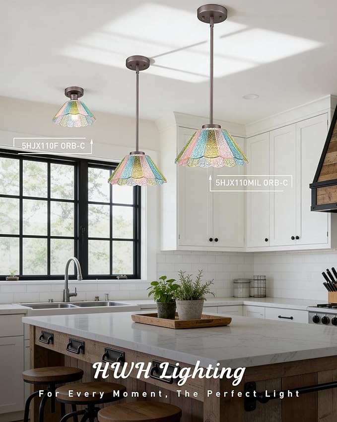 Modern Hanging Light Fixture, HWH Pendant Lights Kitchen Island, 10.4 Inch Farmhouse Pendant Light with Colored Floral Glass, Oil-Rubbed Bronze Finish, 5HJX110MIL ORB-C