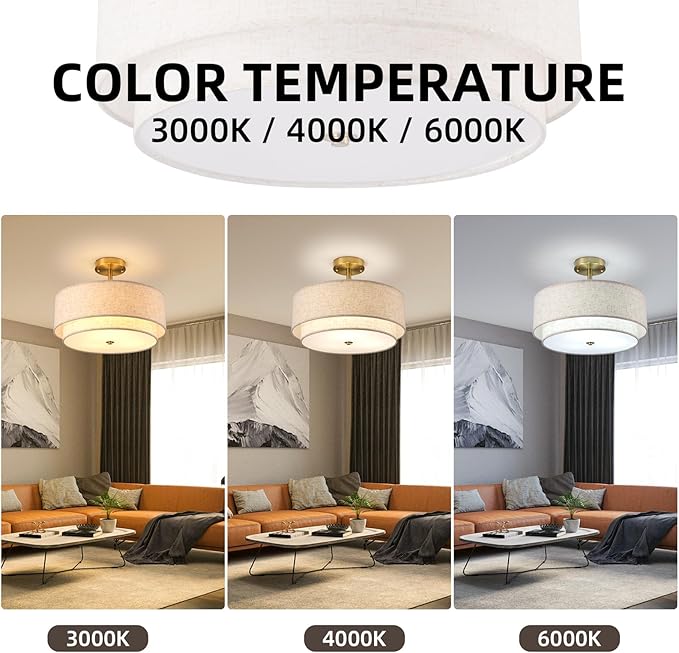 16" Semi Flush Mount Ceiling Light Fixture,Modern Close to Ceiling Light, 3-Lights Gold Drum Ceiling Light with Linen Fabric Shade for Bedroom Living Dining Room Hallway Entryway Foyer