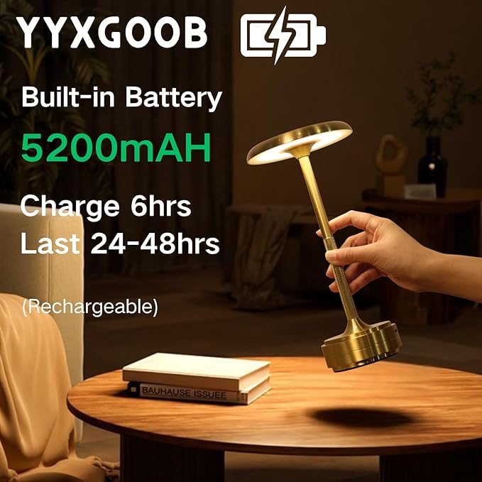 Cordless Portable LED Table Lamp， Rechargeable Battery Operated Desk Lamp with Touch Sensor Three-Level Dimmable Suitable for Home Office Bedroom Hotel Room Restaurant Outdoor (Gold)