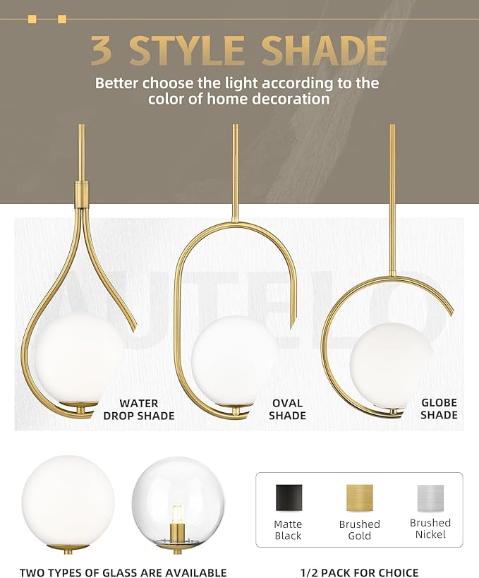 AUTELO Gold Pendant Lights, 1-Light Pendant Lights Kitchen Island in Brushed Gold Finish with Milky White Globe Glass, Mid Century Pendant Light Fixtures, Gold Hanging Lights for Kitchen H9376 MGBG