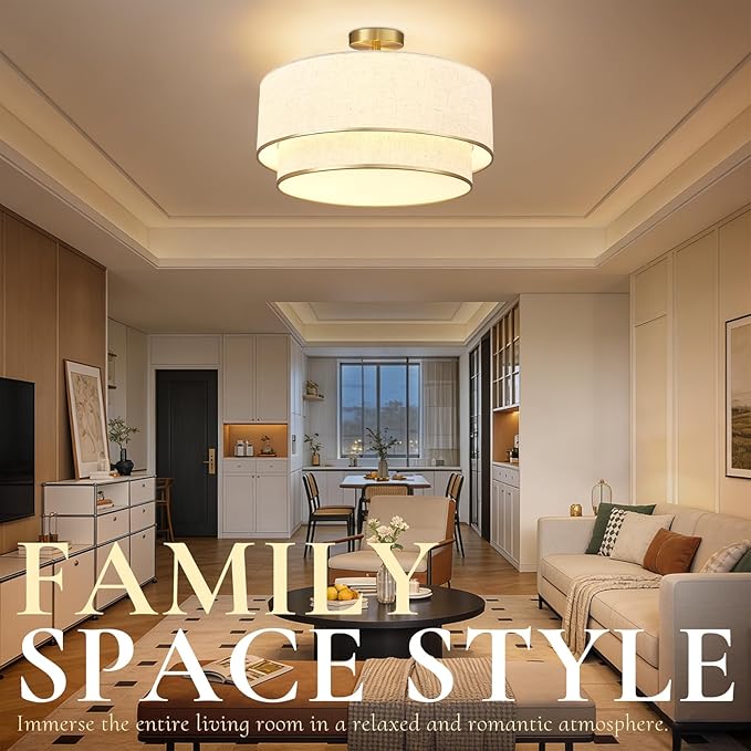 Hamilyeah 20 Inch Semi Flush Mount Ceiling Light, Dual Drum Fabric Shade Light Fixture with Gold Metal Trim, Modern Farmhouse Ceiling Light for Bedroom, Living Room, Dining Room, Hallway
