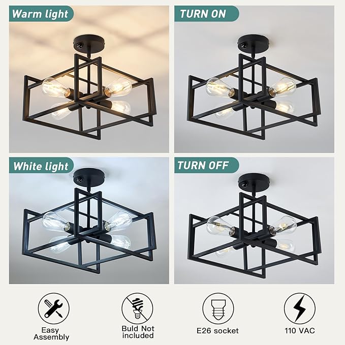 ZGLAOJT Motion Sensor Ceiling Light Fixture 4-Lights Semi Flush Mount Ceiling Light Black Industrial Indoor Chandelier for Kitchen Living Room Bedroom Farmhouse Hallway Foyer
