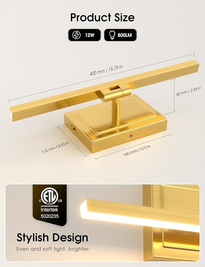 VOLISUN Bathroom Vanity Light 15.7 inch, 12W Dimmable 5CCT Led Bathroom Light Fixture Over Mirror, Gold Bar Vanity Light for Bathrooms-ETL Certificated