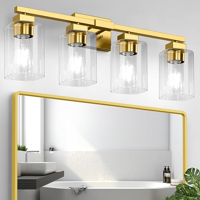 BesLowe 27" 4-Light Bathroom Light Fixture, Modern Gold Bathroom Vanity Light, Bathroom Lighting Fixtures Over Mirror, Matte Gold Bathrom Wall Lamp, Wall Lights for Living Room Bedroom