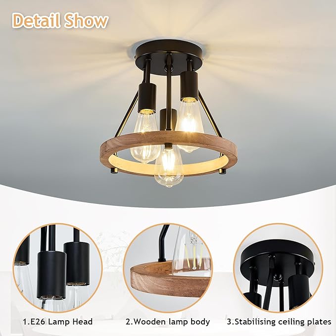 3-Light Wood Semi Flush Mount Ceiling Light Fixture Metal Rustic Ceiling Light Industrial Farmhouse Chandelier for Hallway Entryway Bedroom Kitchen Foyer Passway Balcony