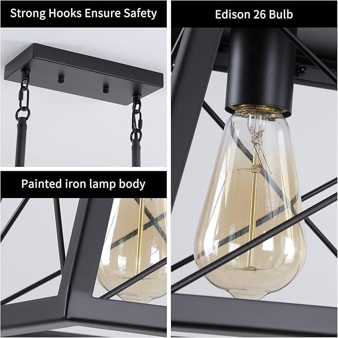 5-Light Pendant Lights Fixture, Farmhouse Chandeliers for Dining Room, Rustic Island Lights for Kitchen, Rectangular Chandelier Rustic Farmhouse Light Fxiture Gold&Black