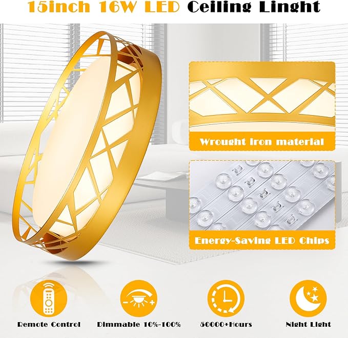 Modern Dimmable LED Flush Mount Ceiling Light with Remote, 2400LM 2700K-6500K Adjustable 12 Inch Bedroom Ceiling light with Night Light for Kitchen Hallway Bathroom Living Room (Gold, Vertical)