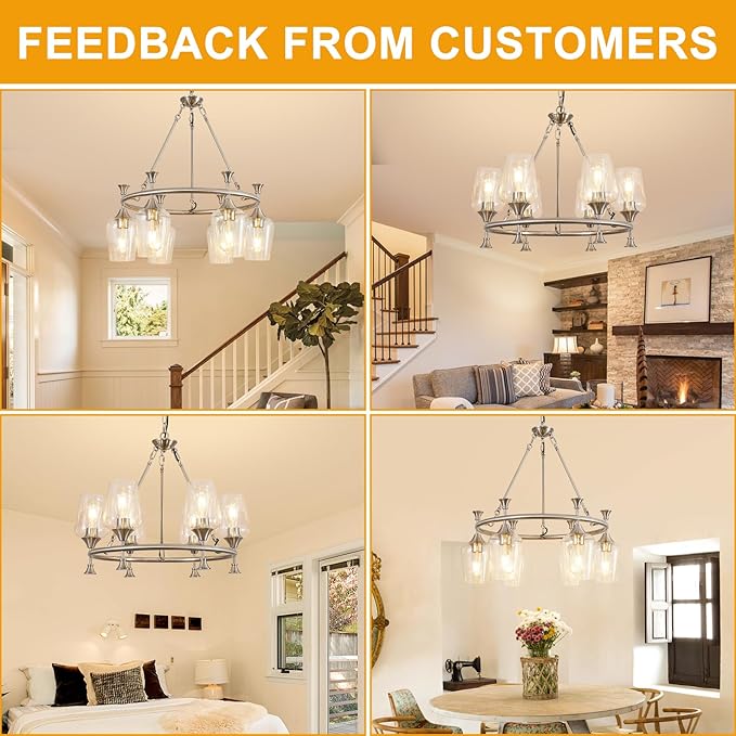 25" Farmhouse Chandelier, 6-Light Brushed Nickel Chandeliers for Dining Room Light Fixtures Over Table, Modern Industrial Hanging Lighting with Clear Glass Shade for Living Room, Kitchen Island, Foyer
