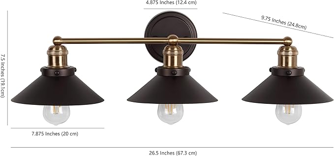 JONATHAN Y 26.5" Oil Rubbed Bronze/Brass Gold 3-Light Industrial Farmhouse Metal Vanity Light Wall Sconce, Metal Shade for Bathroom Mirror, Kitchen, Entryway, LED Bulb Included (JYL7428C)