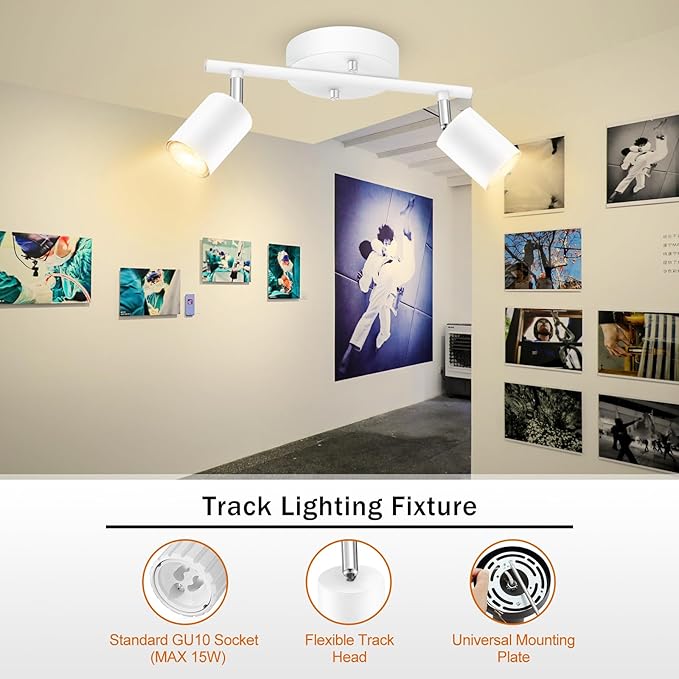 BoostArea LED 2 Light Track Lighting Kit, White 2 Way Ceiling Spot Lighting, Flexibly Rotatable Light Head for Kitchen, Living Room, Bedroom, GU10 Bulb Not Included
