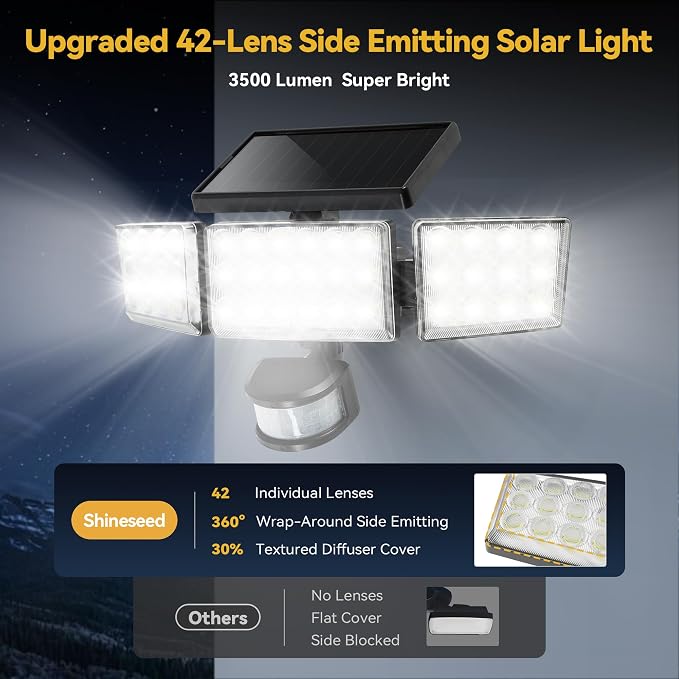 Solar Lights Outdoor, 3500LM 168 LED Motion Sensor Solar Flood Lights, 3 Heads 300° Wide Angle, 3 Modes IP65 Waterproof Solar Security Lights for Yard Garden Patio, 3 Pack (Black)