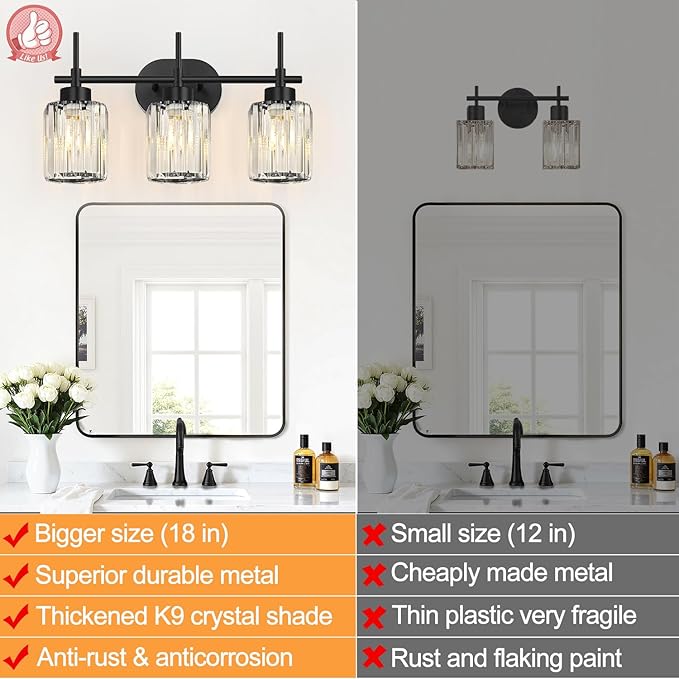 Matte Black Vanity Light, 3-Light Crystal Modern Bathroom Lighting Fixtures Over Mirror, Black Bathroom Vanity Light (Bulbs Not Included)