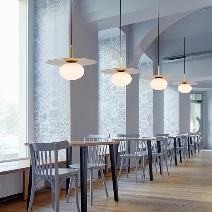 BYOLIIMA Modern Globe Pendant Lighting Milky White Glass Shade Brass Gold Farmhouse Pendant Light 11.81" Dome Industrial Mid Century Hanging Ceiling Light Fixture Kitchen Island Dinning Room Bedroom