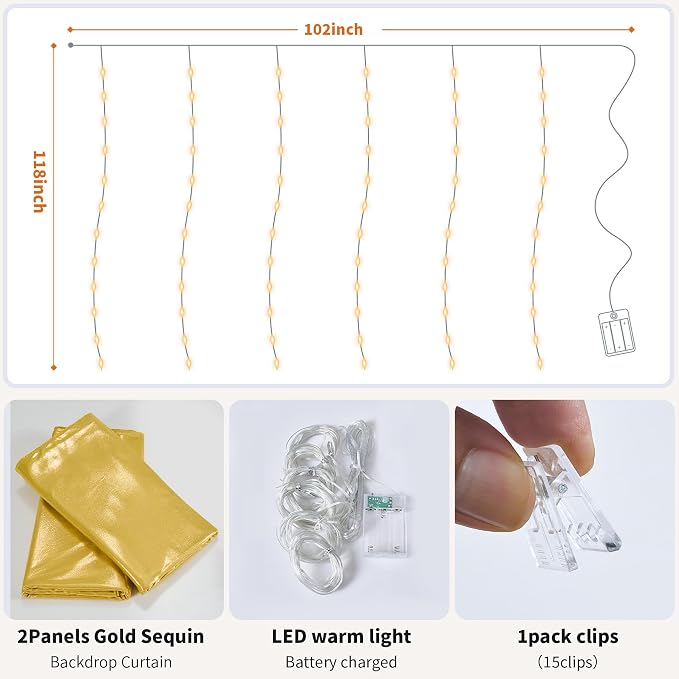 Outpain 10x10ft Gold Sequin Backdrop Curtains with Light -Lighted Up Gold Photo Backdrops with Non-Shedding Glitter, Wrinkle-Free Drapes for Wedding/Christmas/Studio (5x10ft 2 Panels)