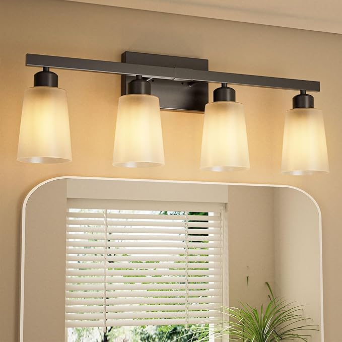Lightdot 4-Light Bathroom Light fixtures, Modern Vanity Light with Frosted Glass Shade, 26.5IN Black Wall Lamp for Bathroom Kitchen Living Room Hallway Cabinet Porch, E26 Base-1PN