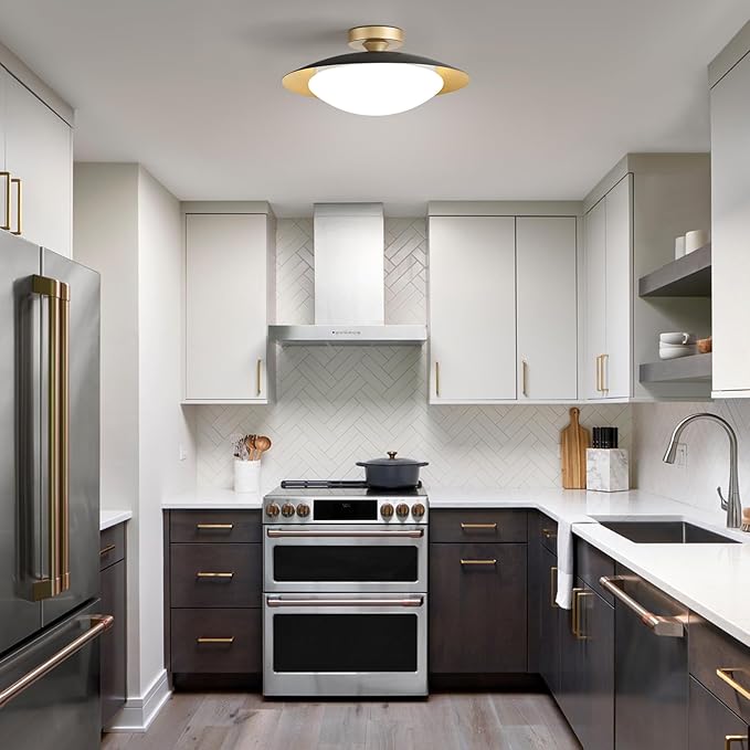 Dimmable Modern Semi Flush Mount Ceiling Light Fixture,Small Black and Gold LED Glass Shade Kitchen Ceiling Lights,5CCT In One Light Fxiture for Hallway Entryway Bedroom Laundry Room Foyer(15.75in)