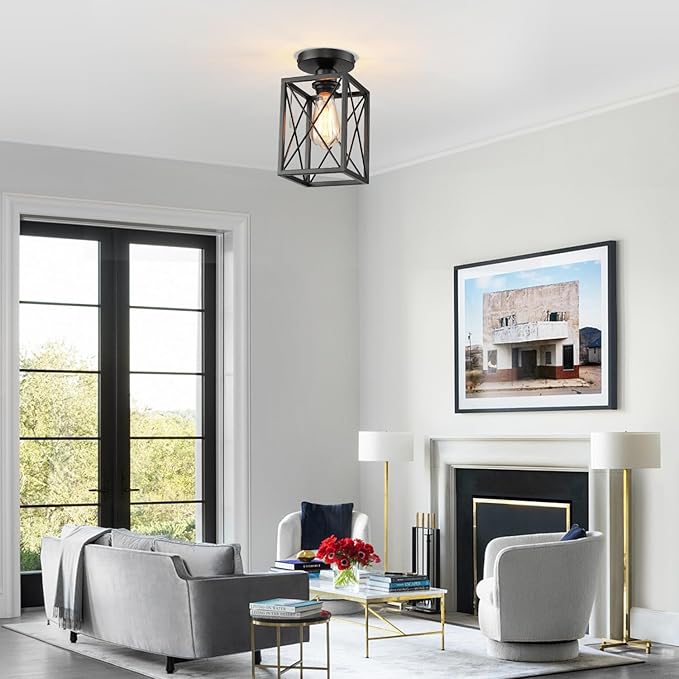Ceiling Light Fixtures Flush Mount Black Hallway Light Fixtures Ceiling Rustic Farmhouse Island Light Fixtures,Farmhouse Black Metal Frame Light Fixture