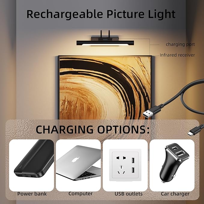 Picture Light,Wireless Rechargeable Gallery Light with Remote,5000mAh Dimmable Painting Art Lighting Battery Operated,16 inch Metal Picture Lights for Art,Paintings,Mirror,Black
