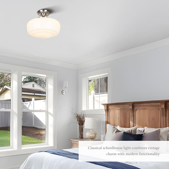 Large Schoolhouse Style Semi Flush Mount Ceiling Light Fixture, 14" Modern Hallway Ceiling Lamp with Opal Milk Glass Shade, Farmhouse Globe Light for Bedroom Kitchen Hallway Entryway, ROS588L SN