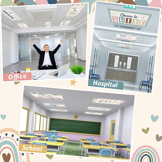 Wiooffen 8Pcs Fluorescent Light Covers for Classroom Ceiling Light 4x2Ft Magnetic Lights Covers Filter Easy Install for Office School Hospitals Ceiling Supply (Boho Affirmation)