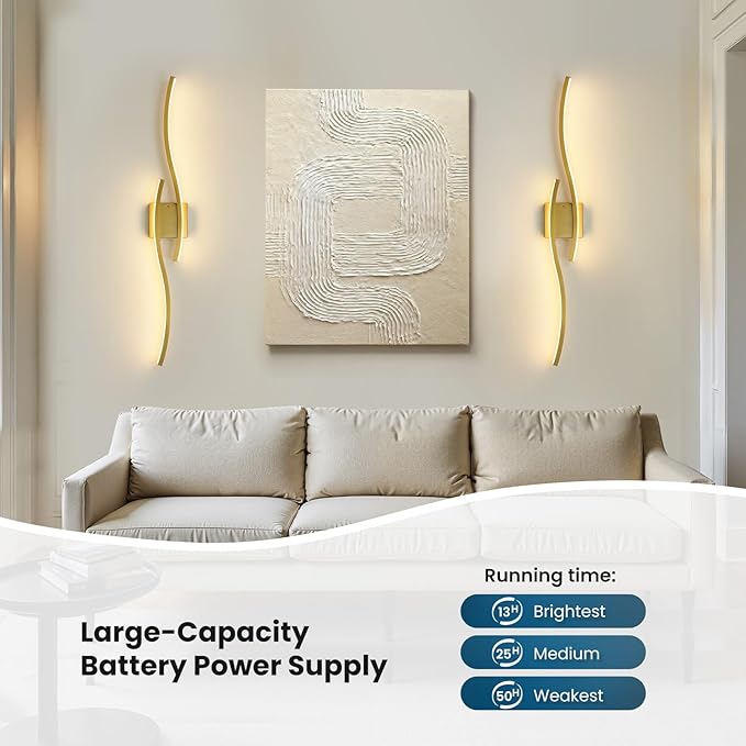 WOSHITU Gold Battery Operated Wall Sconces: 39 Inch Rechargeable Wall Sconce Set of 2 with Remote Control 3CCT Dimmable Wall Light Modern Cordless Wall Lamp for Bedroom Living Room Hallway Bathroom