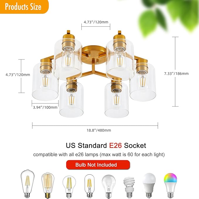 Gold Kitchen Lighting Fixtures Ceiling Dining Room Light Fixtures Brass Kitchen Ceiling Light Fixture Large Chandelier for Living Room Semi Flush Mount with Clear Glass Shade