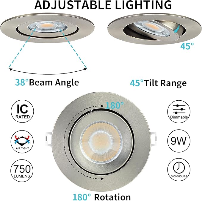KnLnny Ware Brushed Nickel 4 Inch Gimbal Recessed Lights 6 Pack,Ajustable Recessed Lights,spot Lights Indoor with Junction Box,5CCT Selectable,9W 750LM,Dimmable