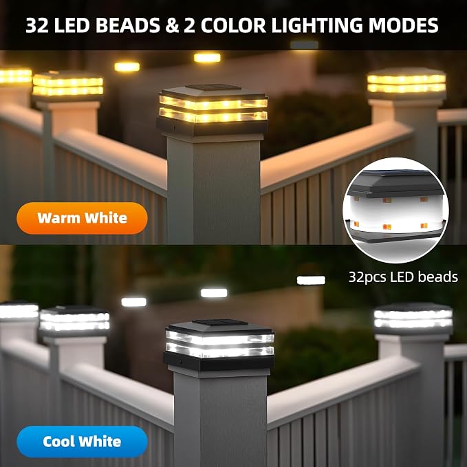 EXCMARK 2 Pack 4x4 Solar Post Cap Lights Outdoor Waterproof Fence Deck Post Lights with High-Brightness LEDs, Dual Light Modes Warm White & Cool White.