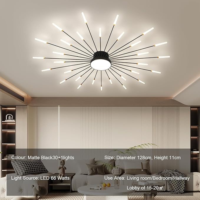 JAYMP 50.4" Ceiling Light Modern Flower Shape Ceiling Lamp for Living Room Dining Room Flush Mount Metal Acrylic Sputnik Firework Petal LED Lighting Fixture (Matte Black, 30+1 Lights)
