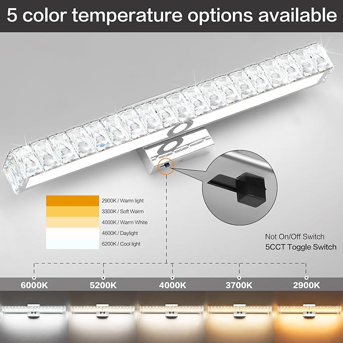 SOLFART Crystal Bathroom Lighting Fixtures Over Mirror, 24 Inch Chrome LED Vanity Light, 5 Color Adjustable 5CCT