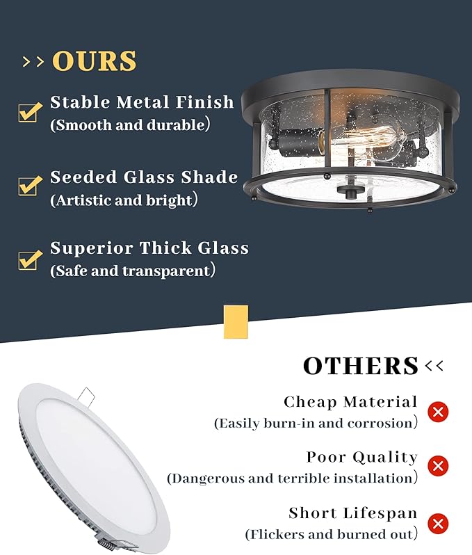EAPUDUN Flush Mount Ceiling Light Fixtures, 12inch 2-Light Farmhouse Close to Ceiling Light Fixture with Seeded Glass Shade, Matte Black Finish for Porch, Entryway, Bedroom, Foyer,FMA1413-MBK